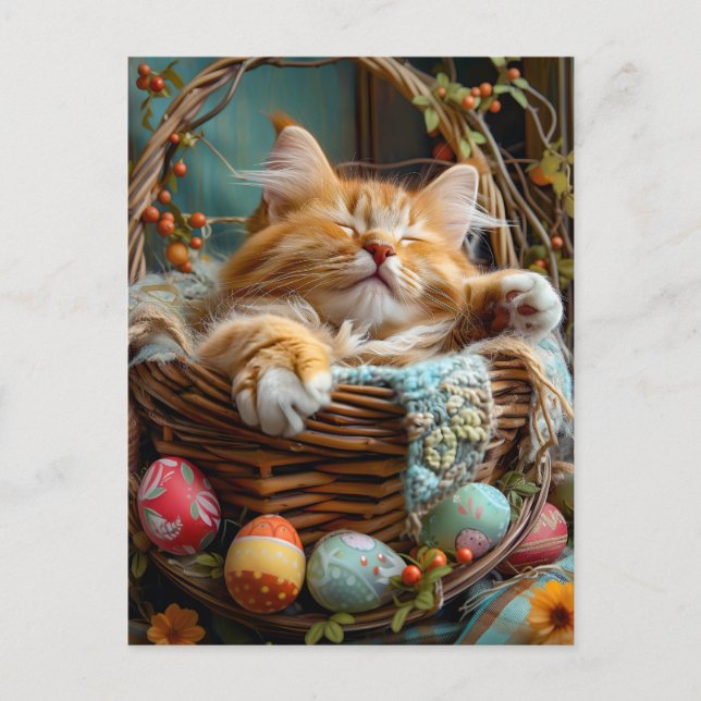 Carte Postale Saison de Pâques Adorable Chat Endormi dans un Pan (Devant)