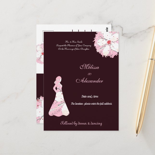 Carte Postale Sakura noir rose floral chic silhouette (Devant/Arrière en situation)