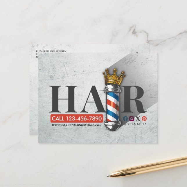 Carte Postale Salon de coiffure Barber King Crown Barber Pole Ha (Devant/Arrière en situation)