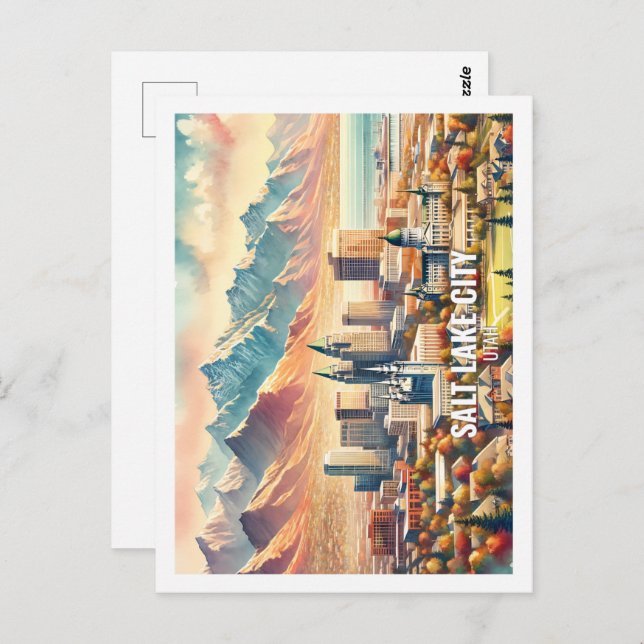 Carte Postale Salt Lake City Utah USA Fameuse Place aquarelle (Devant / Derrière)