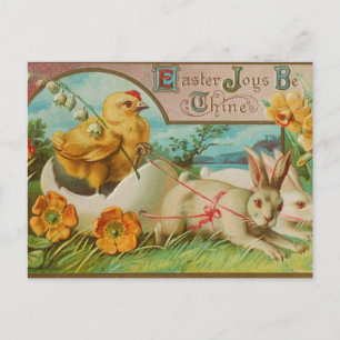 Carte Postale Salutation de Pâques vintage de poule et de lapin