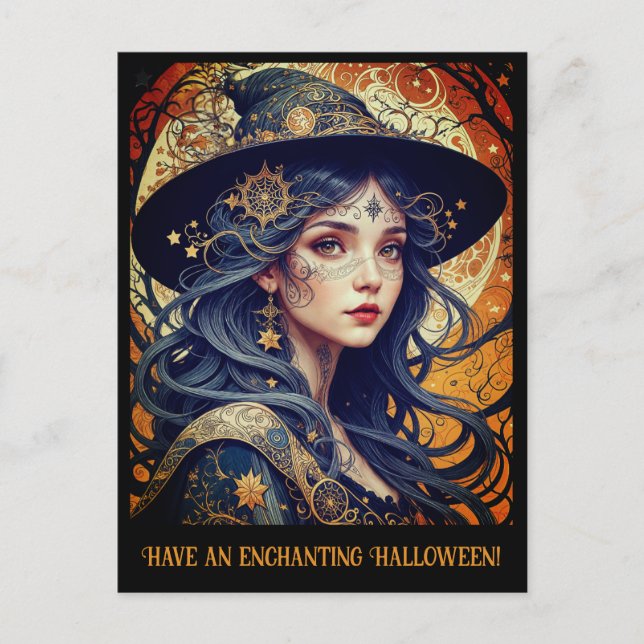 Carte Postale Salutation enchanteresse sorcière Halloween (Devant)