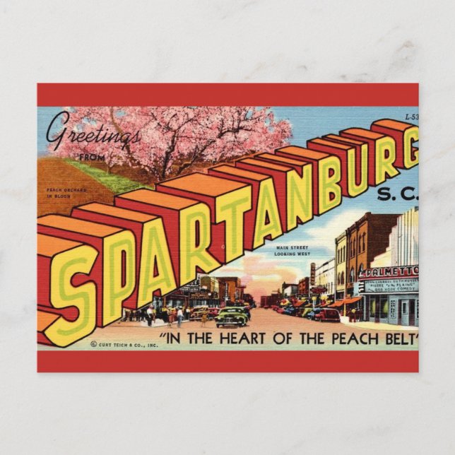 Carte Postale Salutation Rétro Spartanburg SC (Devant)