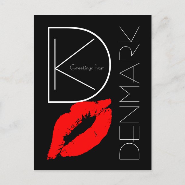 Carte Postale Salutations Danemark Rouge Lipstick Kiss noir (Devant)