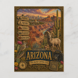 Carte Postale Salutations d'Arizona Art Rétro Vintage