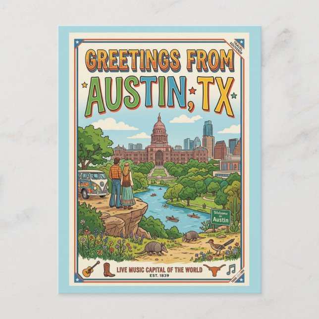 Carte Postale Salutations d'Austin TX Rétro Coloré (Devant)