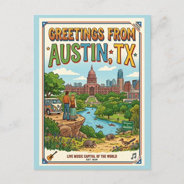 Carte Postale Salutations d'Austin TX Rétro Coloré (Devant)
