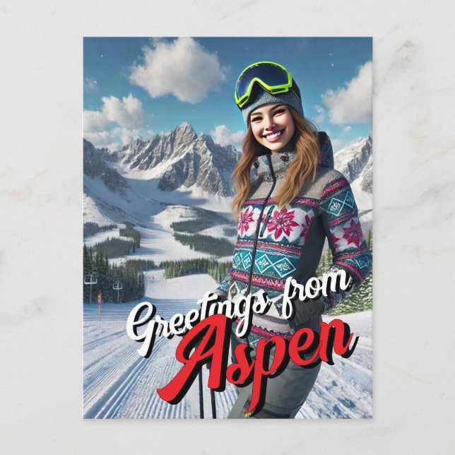 Carte Postale Salutations de Aspen Femme Skier (Devant)