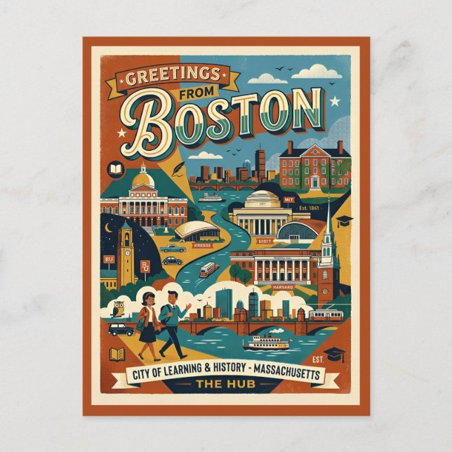 Carte Postale Salutations de Boston Rétro Années 1960  (Devant)