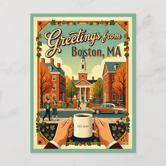 Carte Postale Salutations de Boston Rétro Années 1960 Esthétique (Devant)