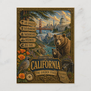 Carte Postale Salutations de Californie Art Rétro Vintage