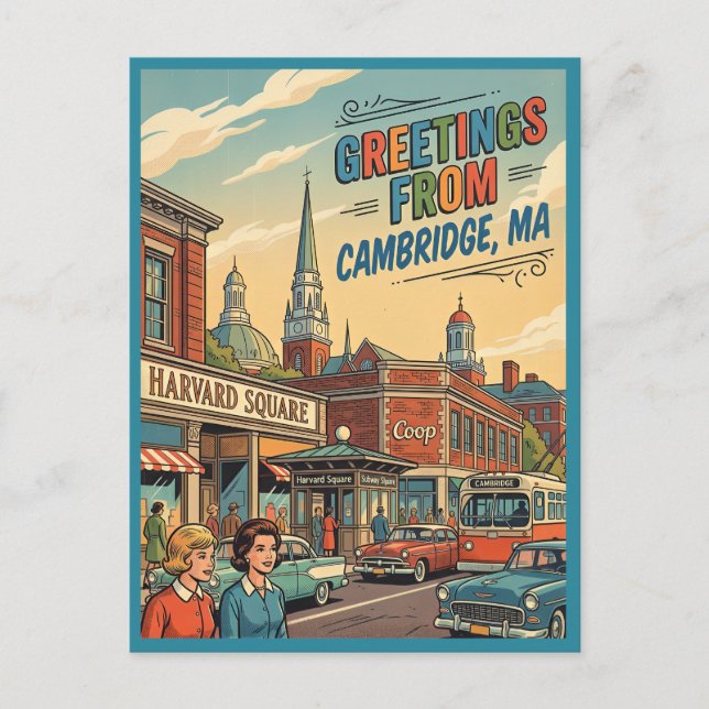 Carte Postale Salutations de Cambridge MA Harvard Square Rétro  (Devant)