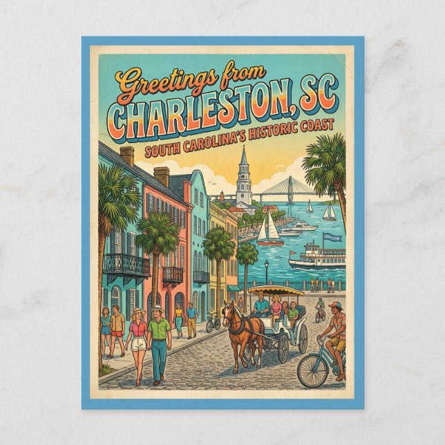 Carte Postale Salutations de Charleston SC Inspiré de la Rétro (Devant)
