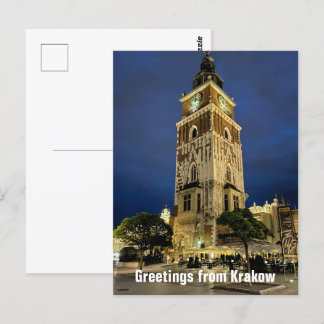 Carte Postale Salutations de Cracovie Town Hall Tour Nuit Pologn