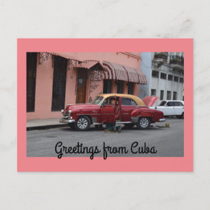 Carte Postale Salutations de Cuba Red Car Pink Building