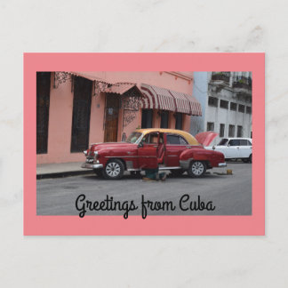 Carte Postale Salutations de Cuba Red Car Pink Building
