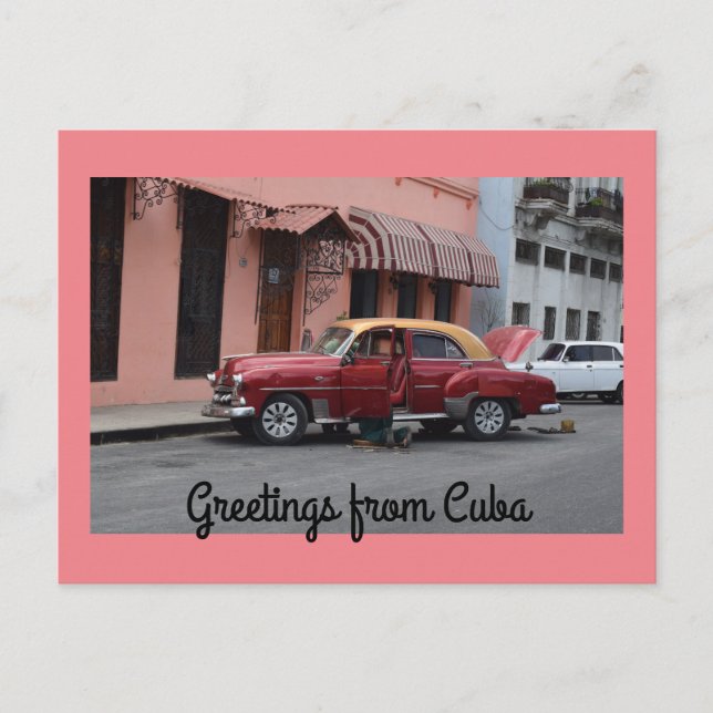Carte Postale Salutations de Cuba Red Car Pink Building (Devant)