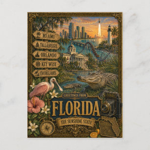 Carte Postale Salutations de Floride Art Rétro Vintage
