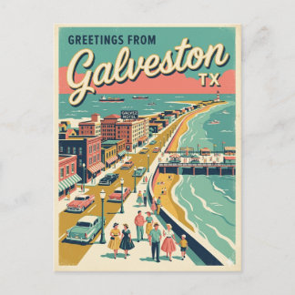 Carte Postale Salutations de Galveston TX Vue à vol d'oiseau Rét