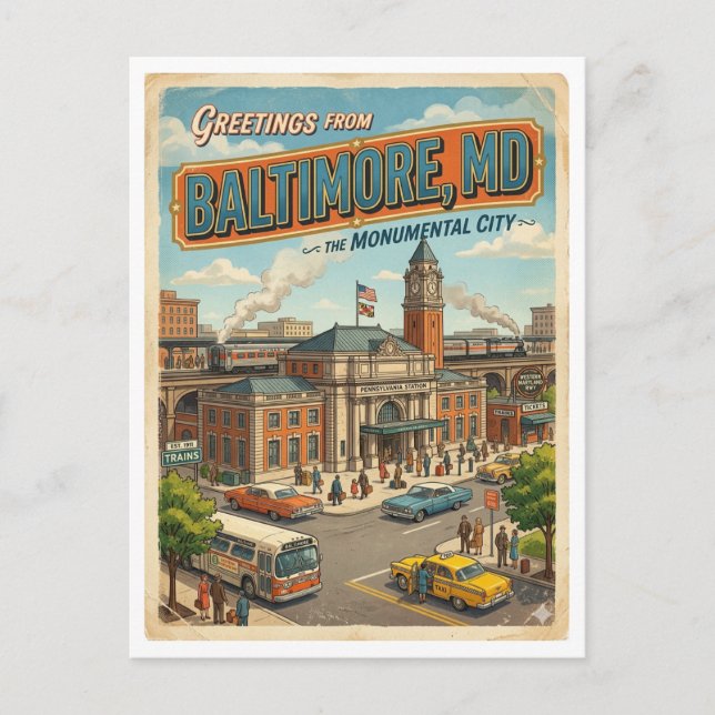 Carte Postale Salutations de la gare de Baltimore MD Rétro  (Devant)