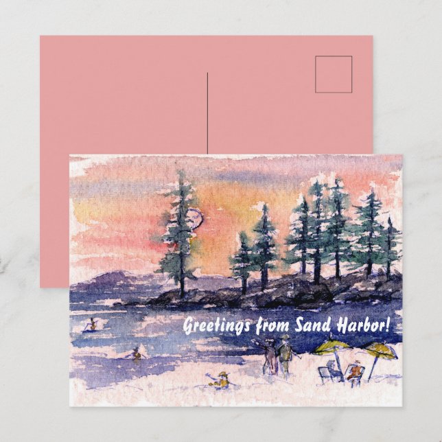 Carte Postale Salutations de la plage de Sand Harbor au coucher  (Devant / Derrière)