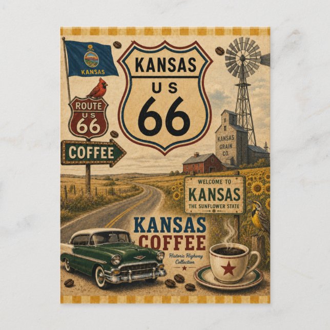 Carte Postale Salutations de la Route 66 de l'État du Tournesol (Devant)