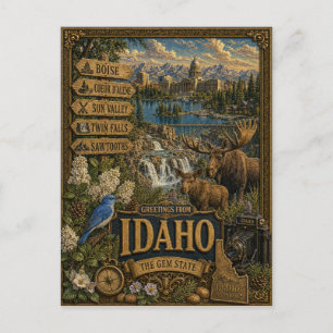 Carte Postale Salutations de l'Idaho Art Rétro Vintage