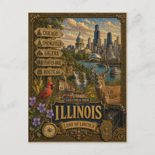 Carte Postale Salutations de l'Illinois Art Rétro Vintage