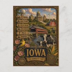 Carte Postale Salutations de l'Iowa Art Rétro Vintage