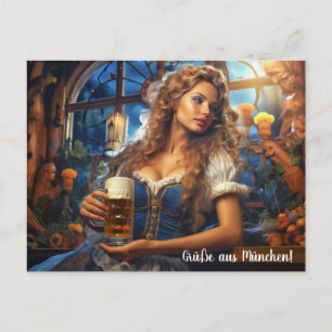 Carte Postale Salutations de Munich ! Une femme avec de la bière