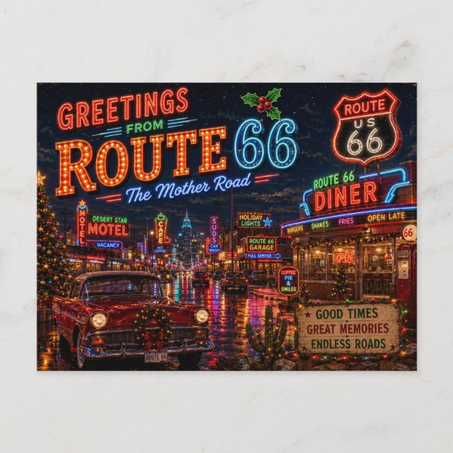 Carte Postale Salutations de Noël de la Route 66 néon Rétro (Devant)