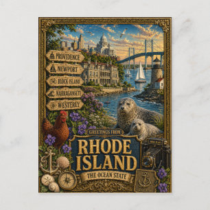 Carte Postale Salutations de Rhode Island Art Rétro Vintage