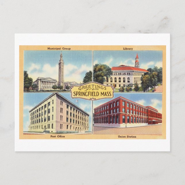 Carte Postale Salutations de Springfield, Massachusetts, Vintage (Devant)