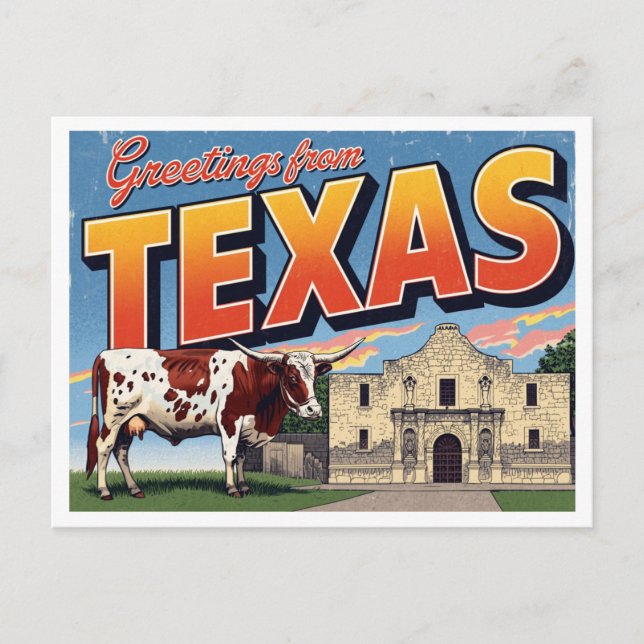 Carte Postale Salutations de vache Longhorn du Texas Alamo (Devant)