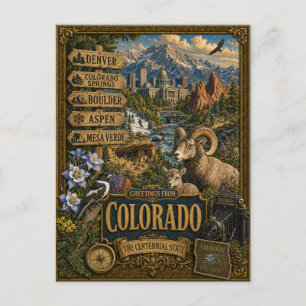 Carte Postale Salutations du Colorado Art Rétro Vintage