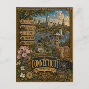 Carte Postale Salutations du Connecticut Art Rétro Vintage