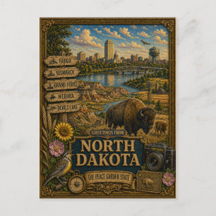 Carte Postale Salutations du Dakota du Nord Art Rétro Vintage