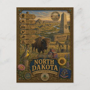 Carte Postale Salutations du Dakota du Nord Art Rétro Vintage
