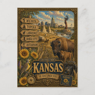 Carte Postale Salutations du Kansas Art Rétro Vintage