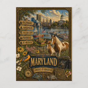 Carte Postale Salutations du Maryland Art Rétro Vintage