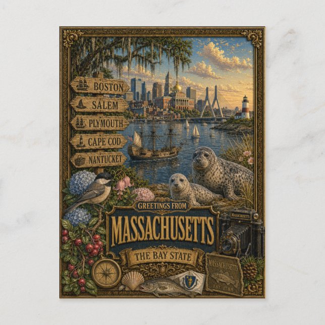 Carte Postale Salutations du Massachusetts | Art Rétro Vintage (Devant)