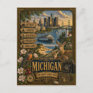 Carte Postale Salutations du Michigan   Art Rétro Vintage