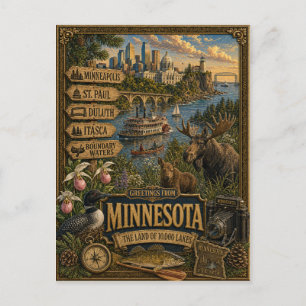 Carte Postale Salutations du Minnesota   Art Rétro Vintage