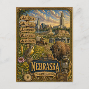 Carte Postale Salutations du Nebraska Art Rétro Vintage