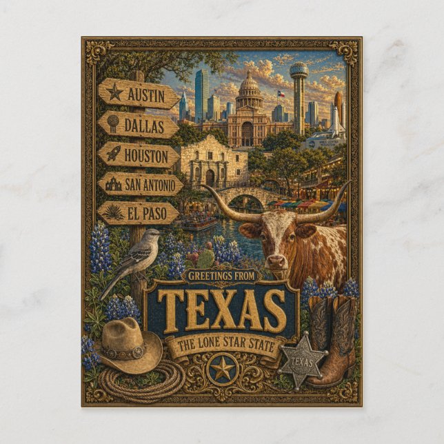 Carte Postale Salutations du Texas | Art Rétro Vintage (Devant)