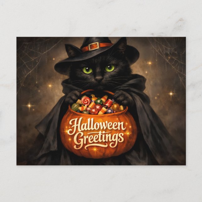 Carte Postale Salutations Halloween Chat Noir avec Bonbons  (Devant)