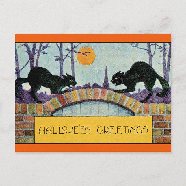 Carte Postale Salutations Halloween, Deux Chats Noirs, (Devant)