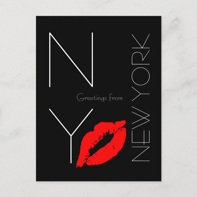 Carte Postale Salutations New York Red Lipstick Kiss Black (Devant)