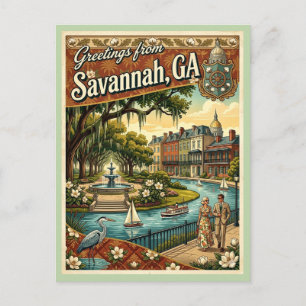 Carte Postale Salutations Savannah GA Style Vintage 1970s