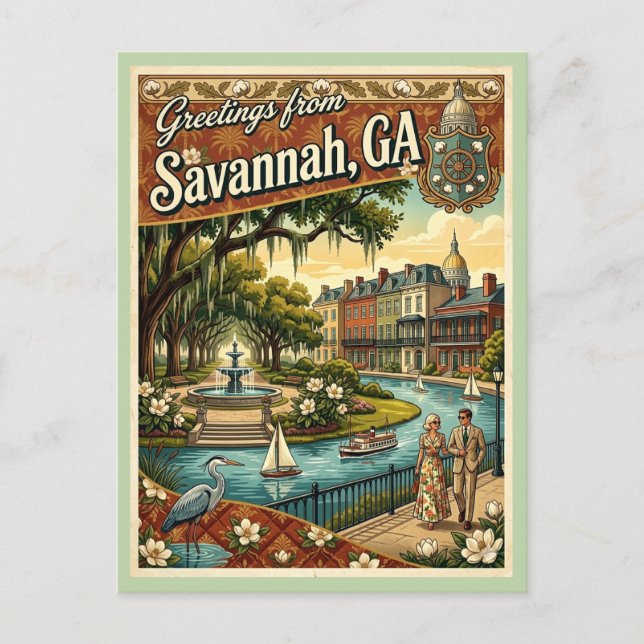 Carte Postale Salutations Savannah GA Style Vintage 1970s (Devant)